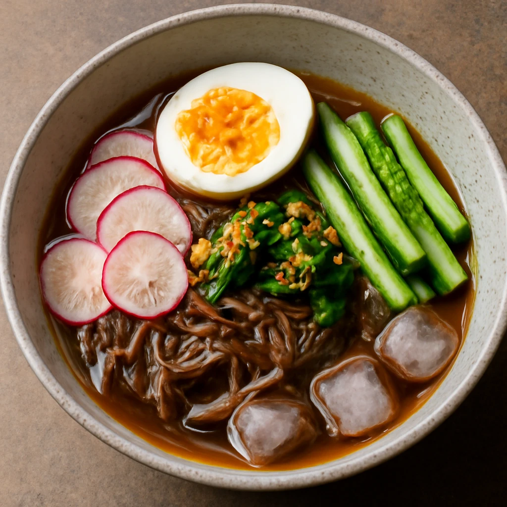 Friss koreai tészta étel, retkével és tojással tálalva