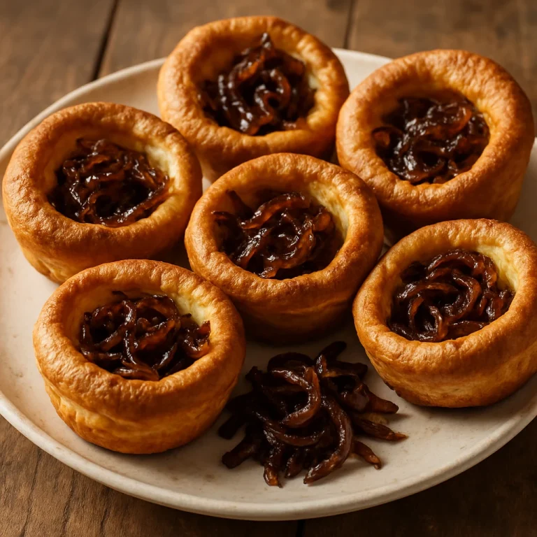 Yorkshire pudding karamellizált hagymával töltve, ropogós szélű angol köretként tálalva