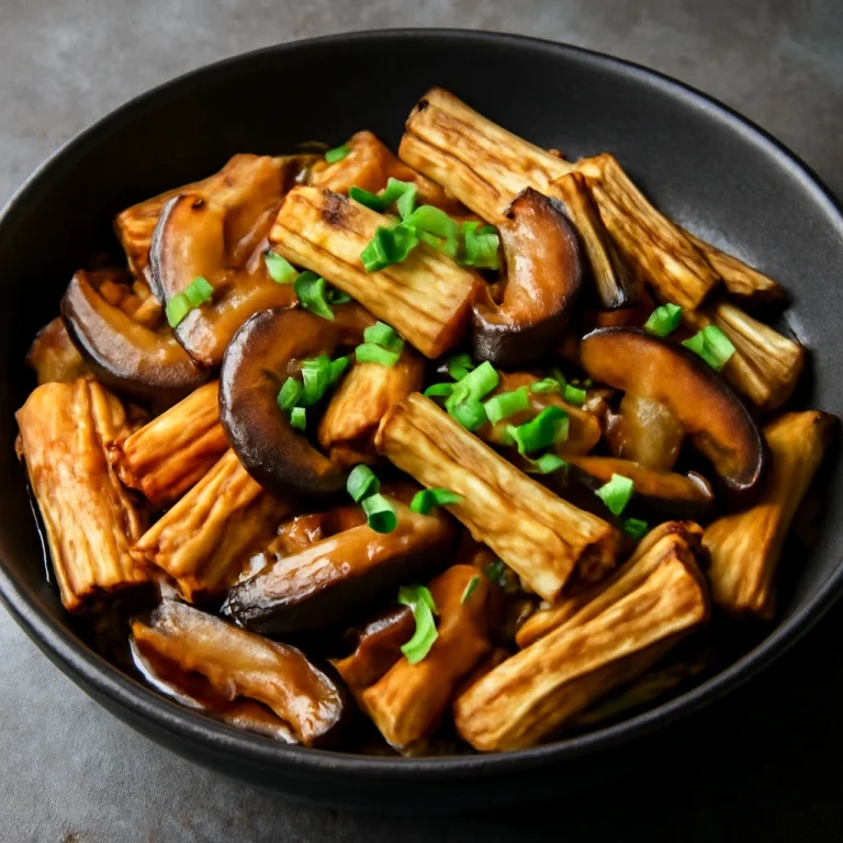 Yuba és shiitake gombás étel, szójaszósszal és friss zöldhagymával tálalva.