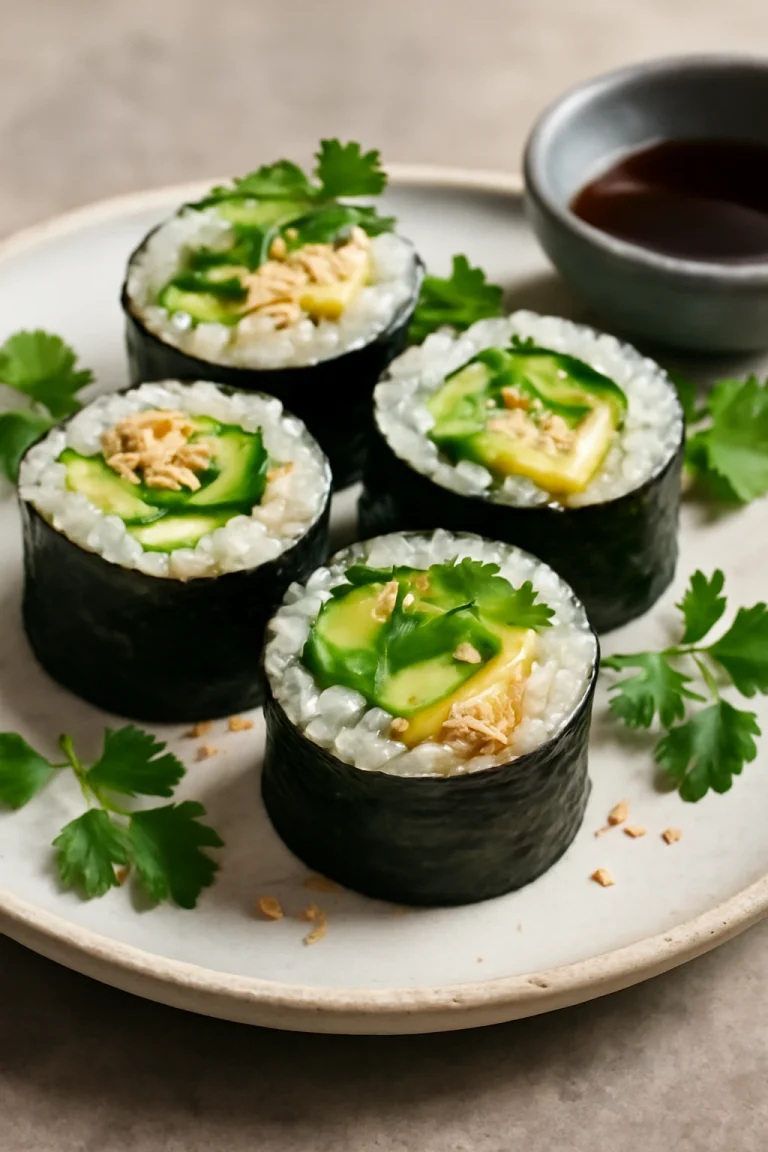 Yuba nori tekercsben, friss zöldségekkel és szója bőrrel tálalva, díszítve korianderrel