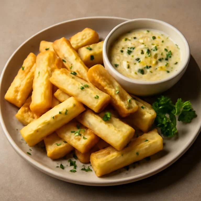 Yuca Frita fokhagymás szósszal, petrezselyemmel tálalva