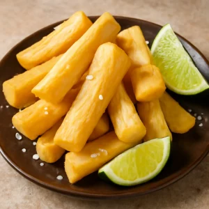 Ropogós sült yuca sóval és lime-mal tálalva