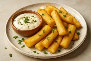 Ropogós yuca, majonézes szósszal és friss petrezselyemmel