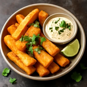 Ropogós yuca, kókusztejes és fűszeres szósszal tálalva