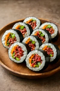 Koreai yukhoe gimbap marhával és friss zöldségekkel