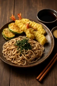 Ropogós tempura rákok és soba tészta friss zöldségekkel és szezámmaggal