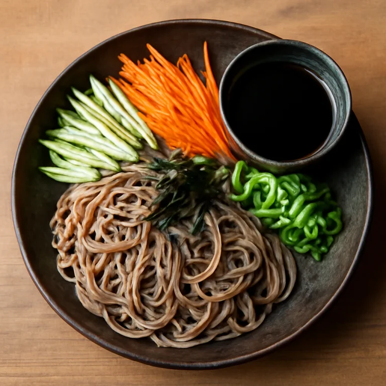 Zaru Soba zöldségekkel, soba tésztával, zöldségekkel és szójaszósszal tálalva