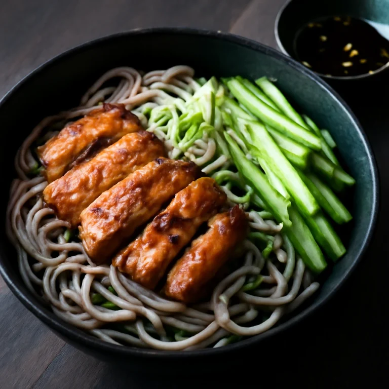 Zaru soba csirkével, zöldségekkel és szójás öntettel tálalva