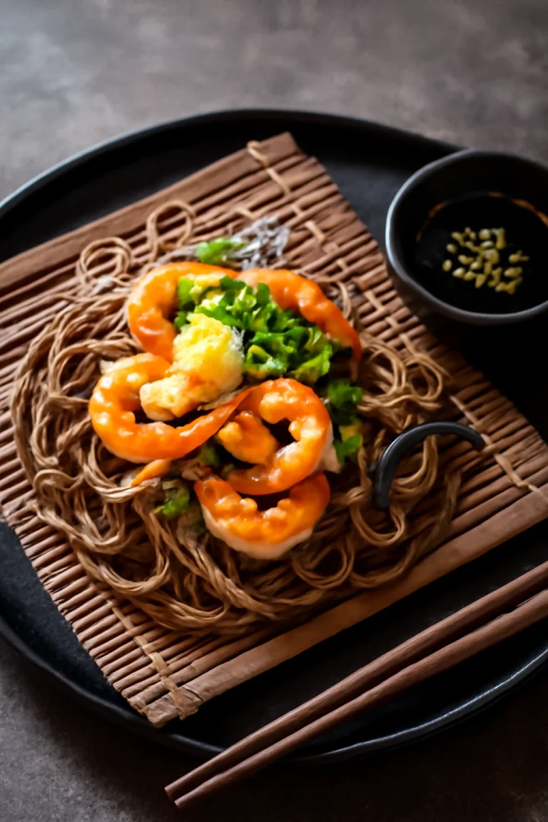 Zaru soba garnélarákkal, szójaszósz és szezámmag díszítéssel