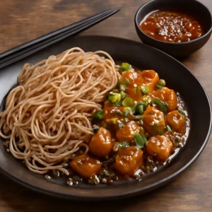 Frissen tálalt zaru soba, gazdag miso szósszal és friss zöldhagymával