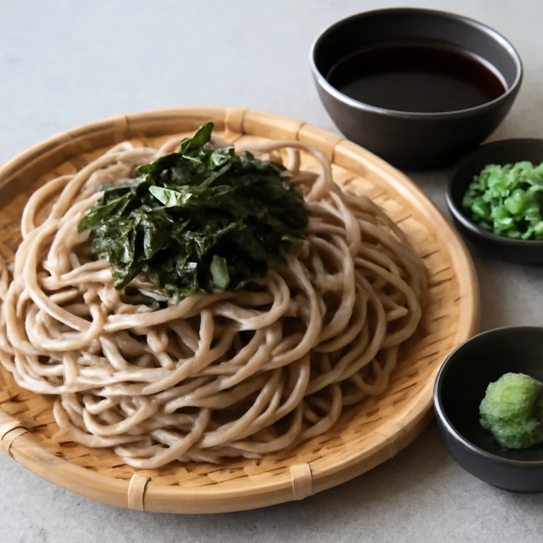 Zaru soba tálalva, friss nori algával és wasabival