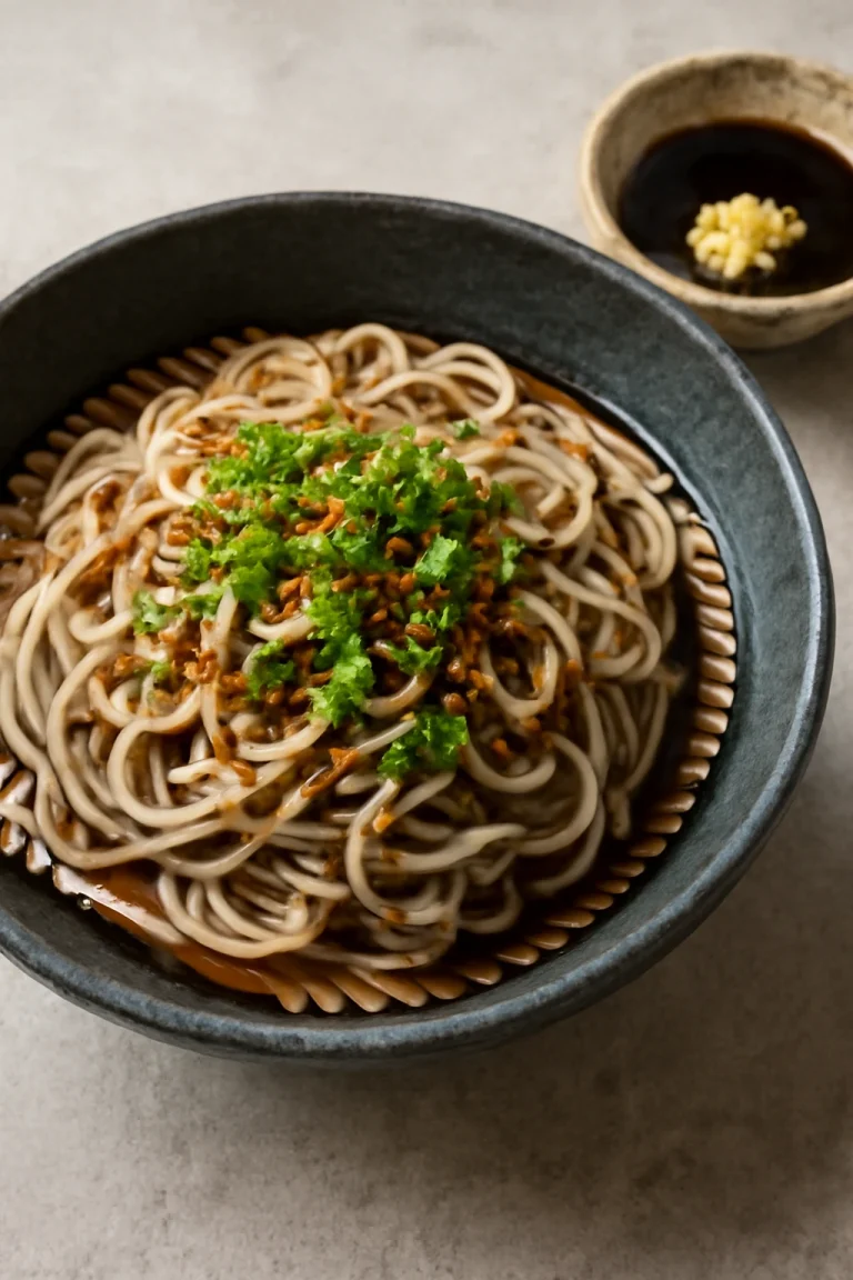 Zaru soba shichimi togarashival, szójaszósszal és friss gyömbérrel tálalva