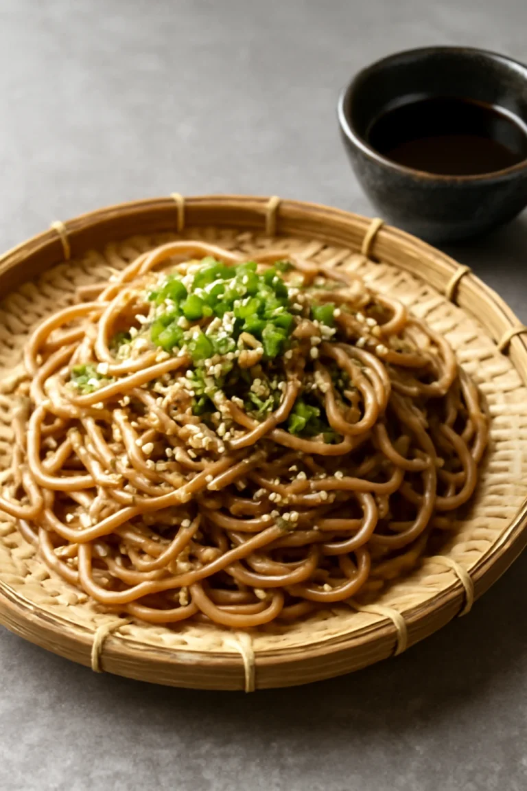 Zaru soba szezámmaggal és zöldhagymával tálalva