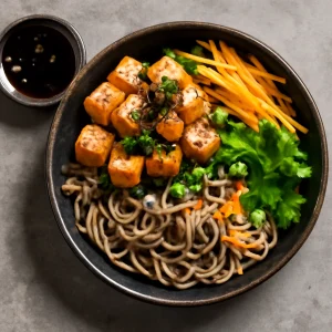 Friss tofuval és zöldségekkel tálalt soba tészta
