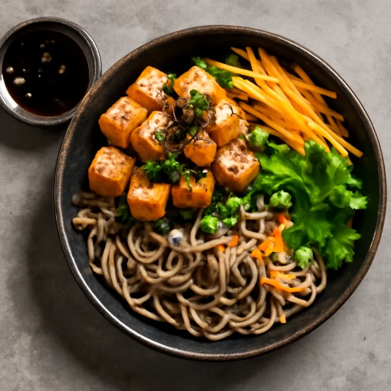 Zaru soba tofuval, friss zöldségekkel és pirított tökmaggal