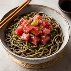 Friss japán étel tonhallal, soba tésztával