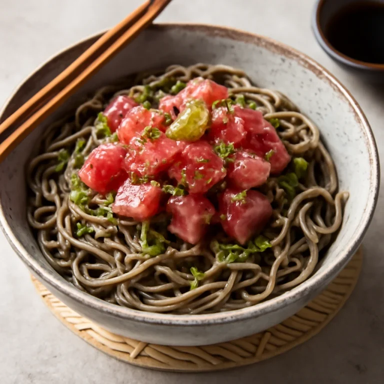 Zaru soba tonhallal, szezámmaggal és zöldhagymával tálalva