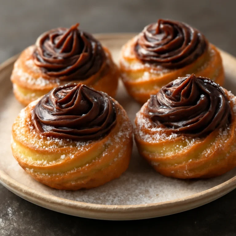 Zeppole csokoládékrémmel tálalva, aranybarna fánkocska csokoládékrémmel a tetején