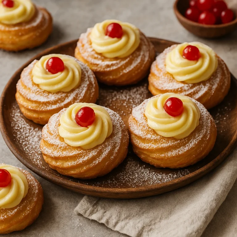 Zeppole di San Giuseppe, vaníliakrémmel és cseresznyével töltve, porcukorral megszórva