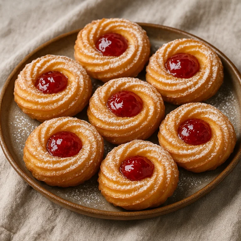 Zeppole eperlekvárral töltve, porcukorral meghintve, rusztikus tálon tálalva