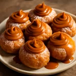 Zeppole karamellkrémmel, friss és édes fánk díszítéssel