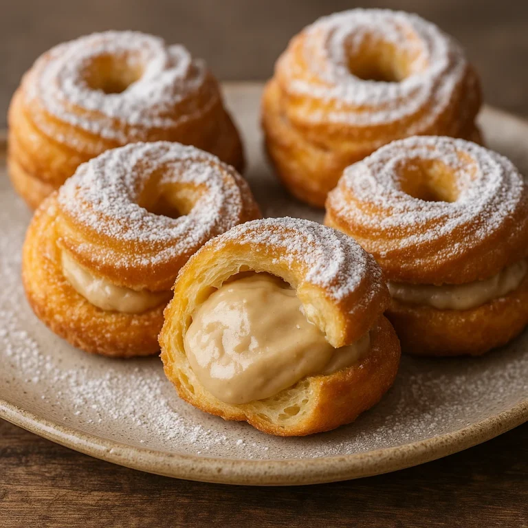 Zeppole mandulakrémmel, porcukorral meghintve, belül krémmel töltve