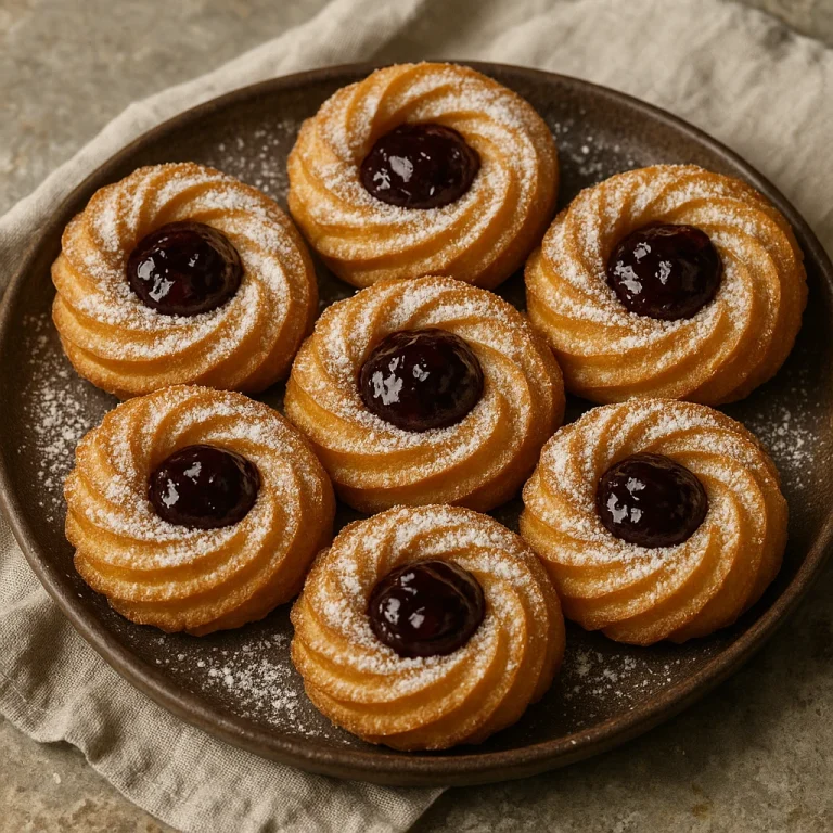 Zeppole meggylekvárral töltve, porcukorral megszórva, tálalva