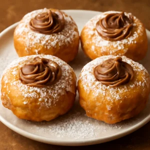 Olasz zeppole mogyorókrémmel és porcukorral tálalva