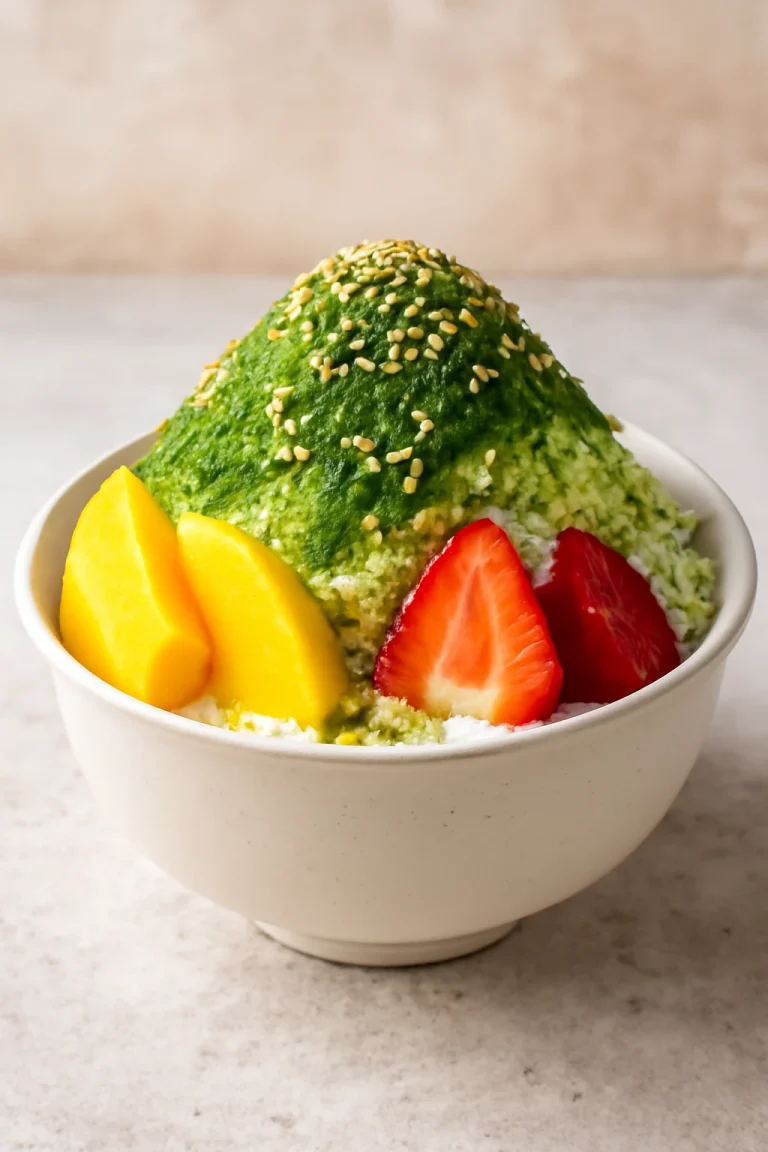 Zöld Tea Bingsu, koreai jégdesszert matcha porral, friss gyümölcsökkel és pörkölt szezámmal