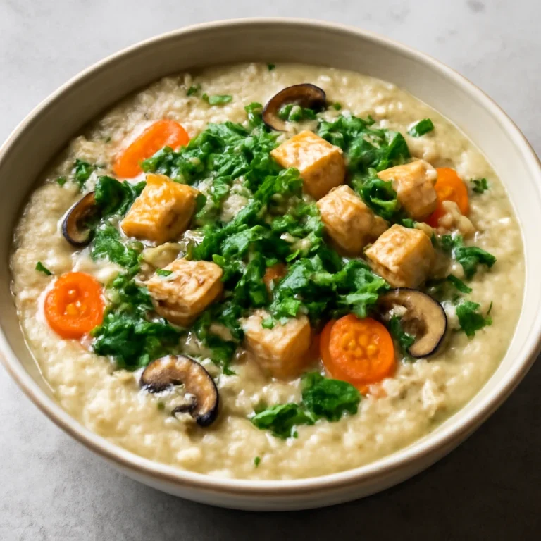 Zöldséges Congee tálalva, friss korianderrel és tofu darabokkal