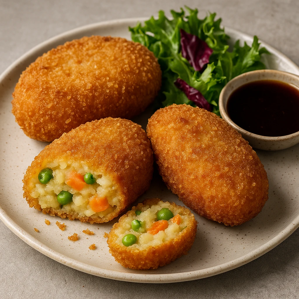 JapÃ¡n stÃ­lusÃº vegetÃ¡riÃ¡nus korokke burgonyÃ¡val Ã©s zÃ¶ldsÃ©gekkel