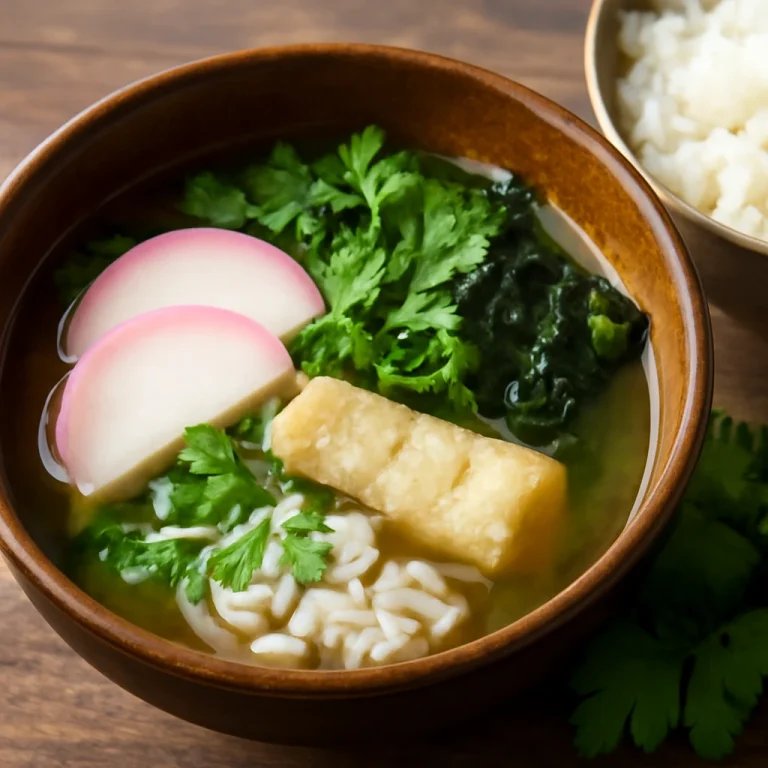 Zoni kamabokóval, egy japán leves mochi rizsszel, halas pástétommal és friss korianderrel