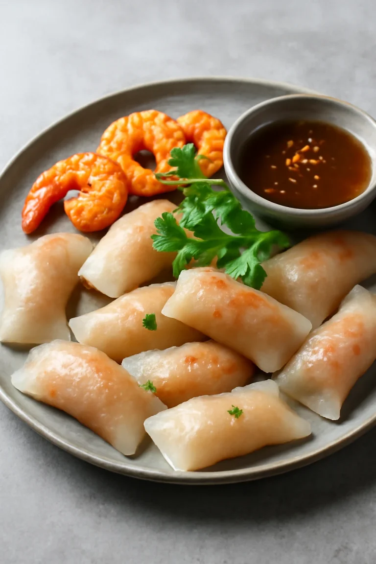 Bánh bột lọc halszósszal, tálalva friss korianderrel