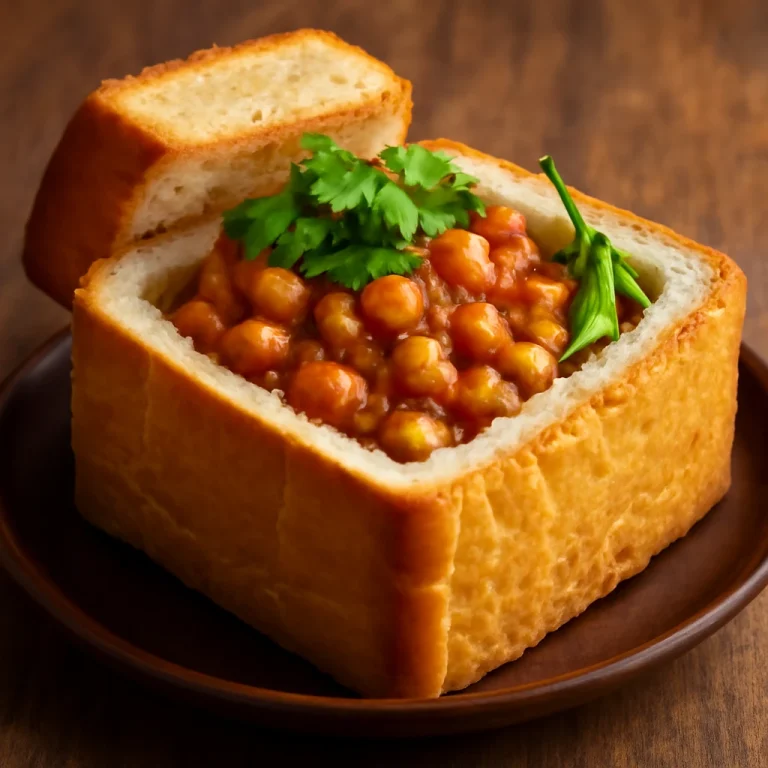 Bunny chow csicseriborsóval tálalva kenyérben, díszítve korianderrel