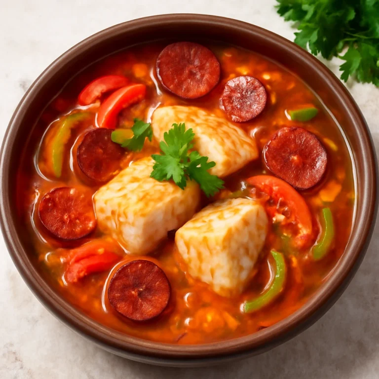 Caldeirada de peixe com chouriço, hal és kolbász kombinációjával tálalva