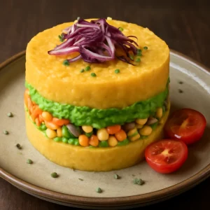 Vegán causa avokádóval és édesburgonyával tálalva