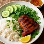 Cơm tấm grillezett csirkével, tálalva friss zöldségekkel és rizssel