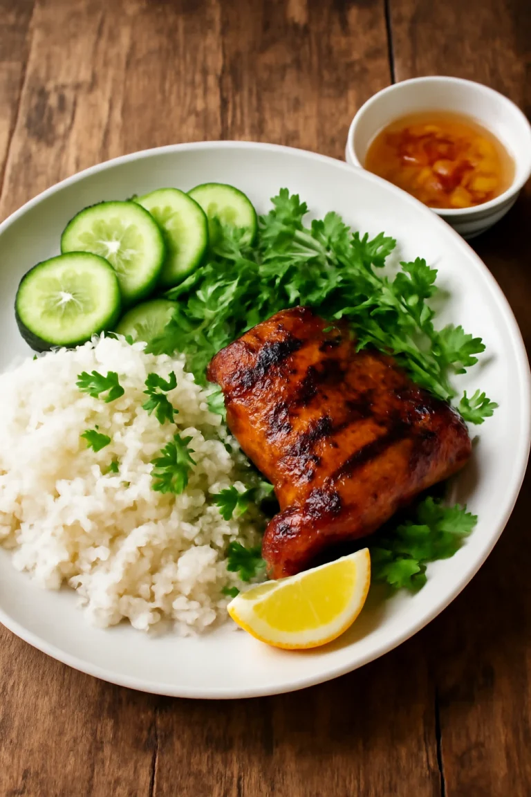 Cơm tấm grillezett csirkével, tálalva friss zöldségekkel és rizssel