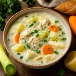 Cullen skink borssal, tálalva friss petrezselyemmel