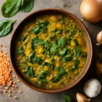 Dal Palak spenótos lencse, tálalva korianderrel