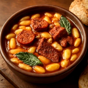 Spanyol gazdag bab leves chorizóval és sonkával