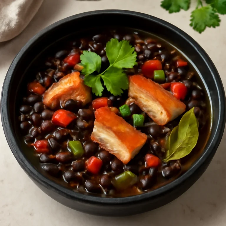 Feijoada füstölt halakkal, tálalva friss korianderrel