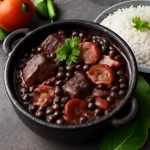 Feijoada sózott marhahússal tálalva friss petrezselyemmel és rizs körettel