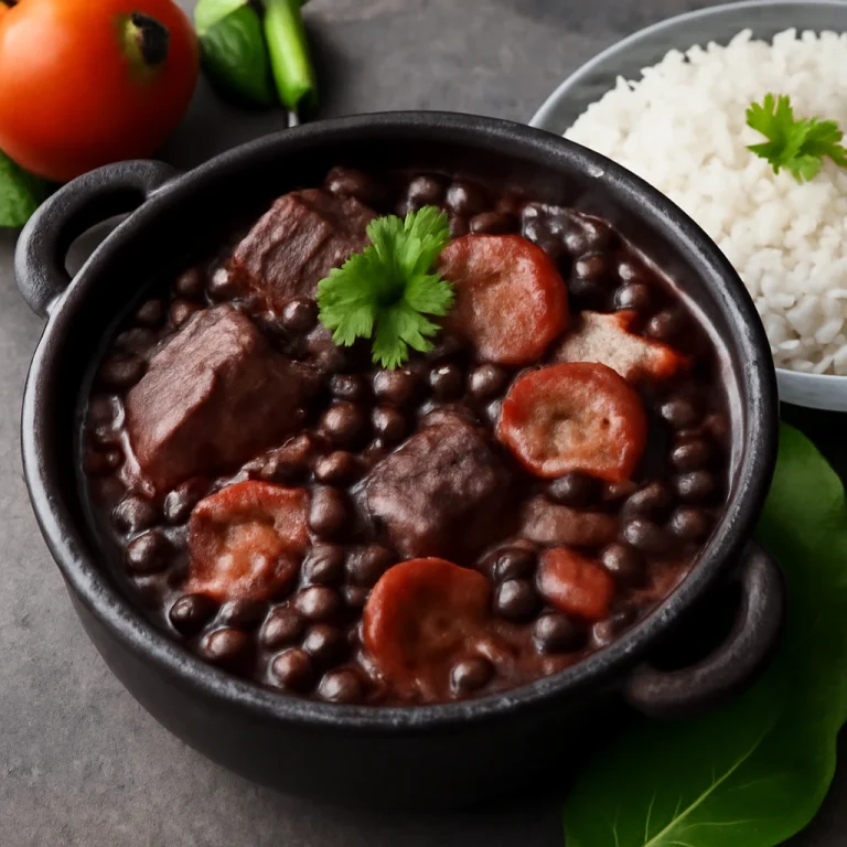 Feijoada sózott marhahússal tálalva friss petrezselyemmel és rizs körettel