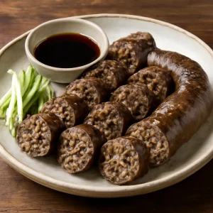 Koreai soondae disznóhólyaggal, húsos töltelékkel