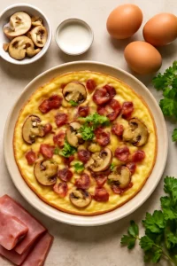 Gombás omlett ropogós füstölt sonkával