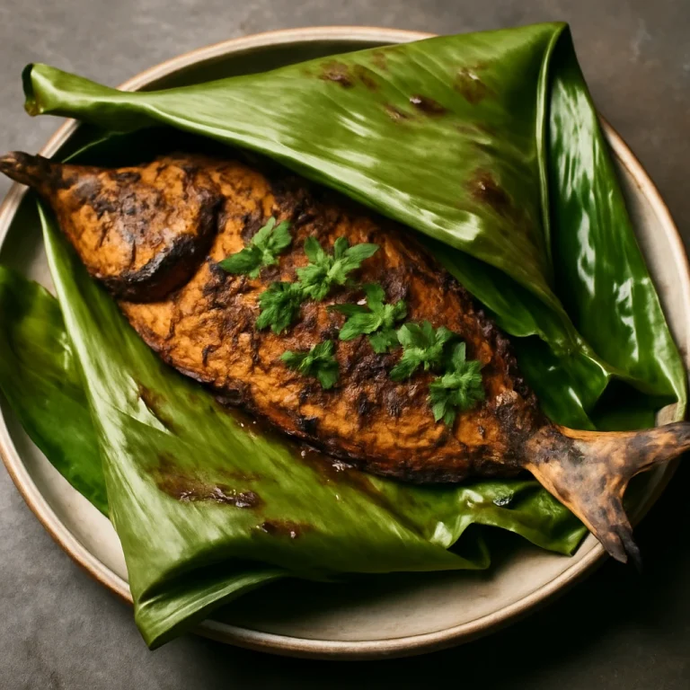 Ikan bakar grillezve banánlevélben, friss korianderrel