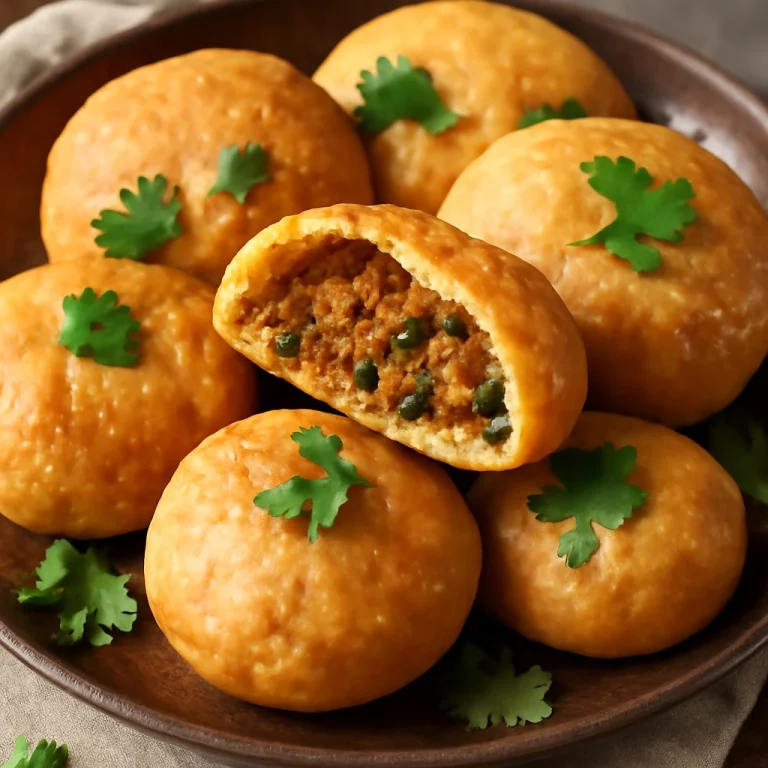 Kachori fűszeres hússal, tálalva friss korianderrel