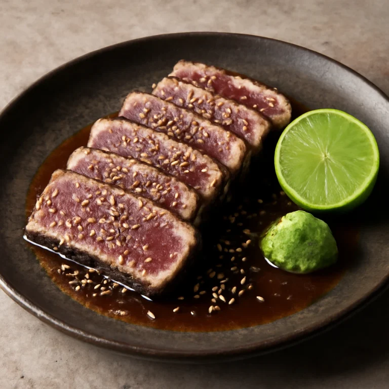 Katsuo tataki friss tonhallal, szójaszószos öntettel és szezámmaggal