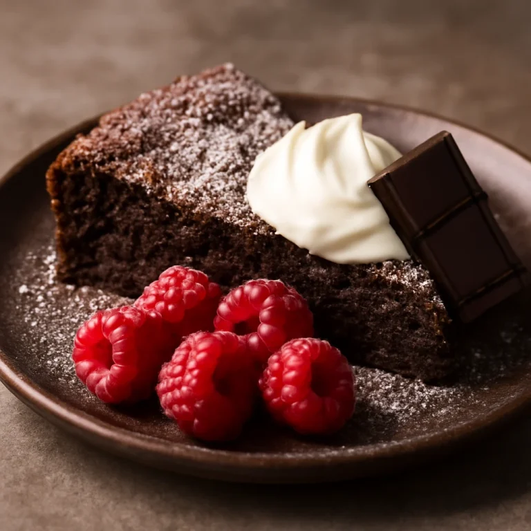 Kladdkaka málnával és tejszínhabbal tálalva, csokoládéval díszítve